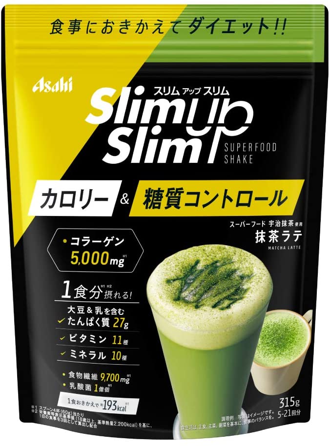 Asahi Slim Up Slim Протеиновый диетический коктейль с коллагеном, витаминами, минералами со вкусом матча-латте, 360 гр