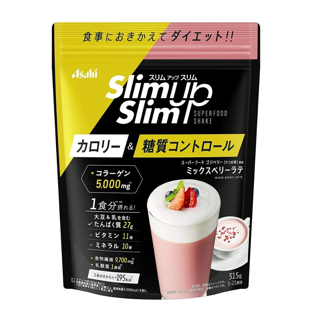 Asahi Slim Up Slim Протеиновый диетический коктейль с коллагеном, витаминами, минералами со вкусом клубничного латте, 360 гр